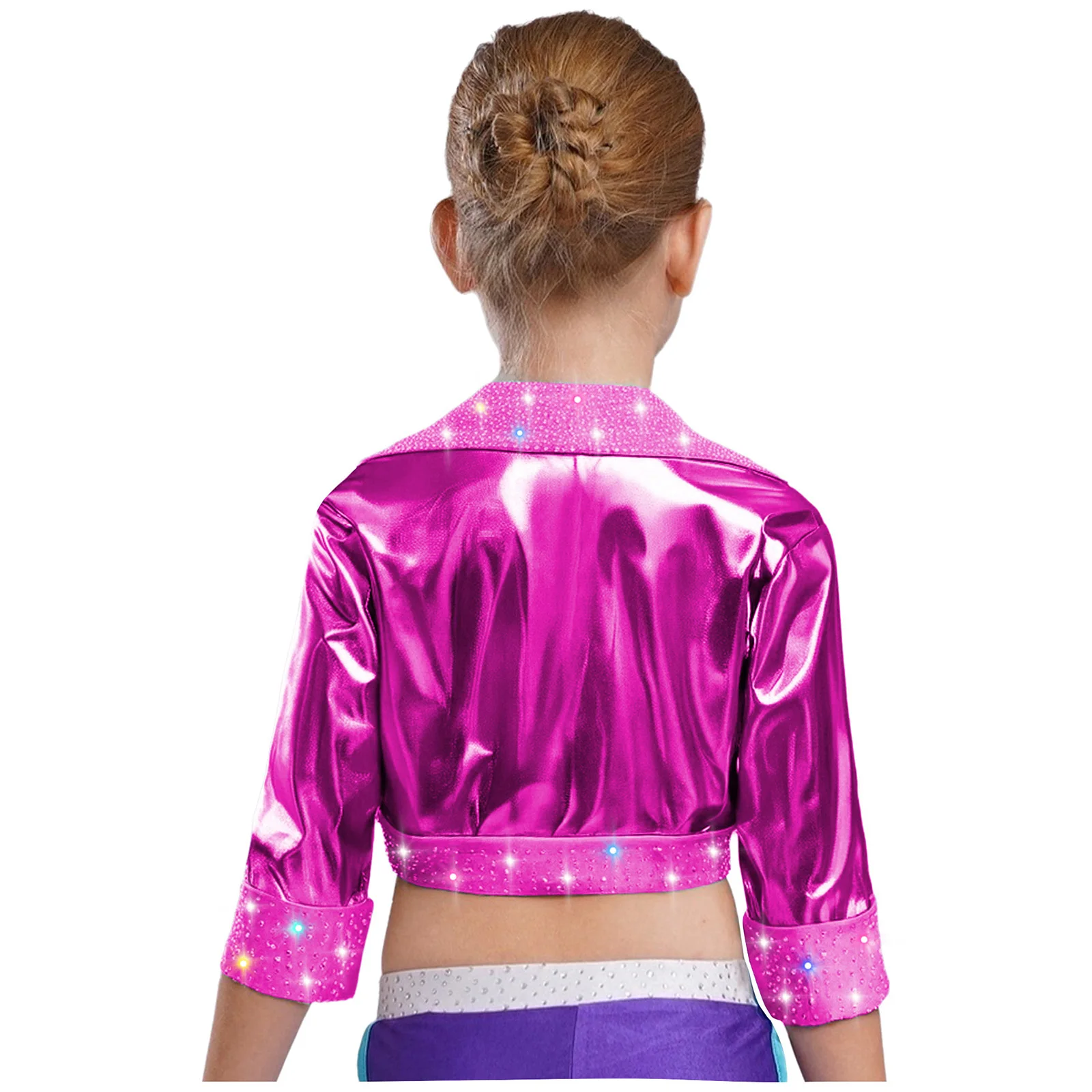 Kid Girl Long Sleeve Jazz Dance Top Outerwear Rhinestones Metallic Jacket Hip Hop Street Dancewear Stage Performance Clothes