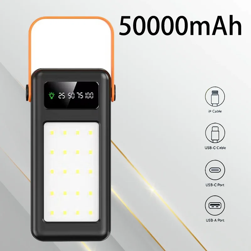 

50000mAh High Capacity Power Bank Built-in Cable Camping Light Portable Outdoor Charger for Camping Travel Hiking Emergency
