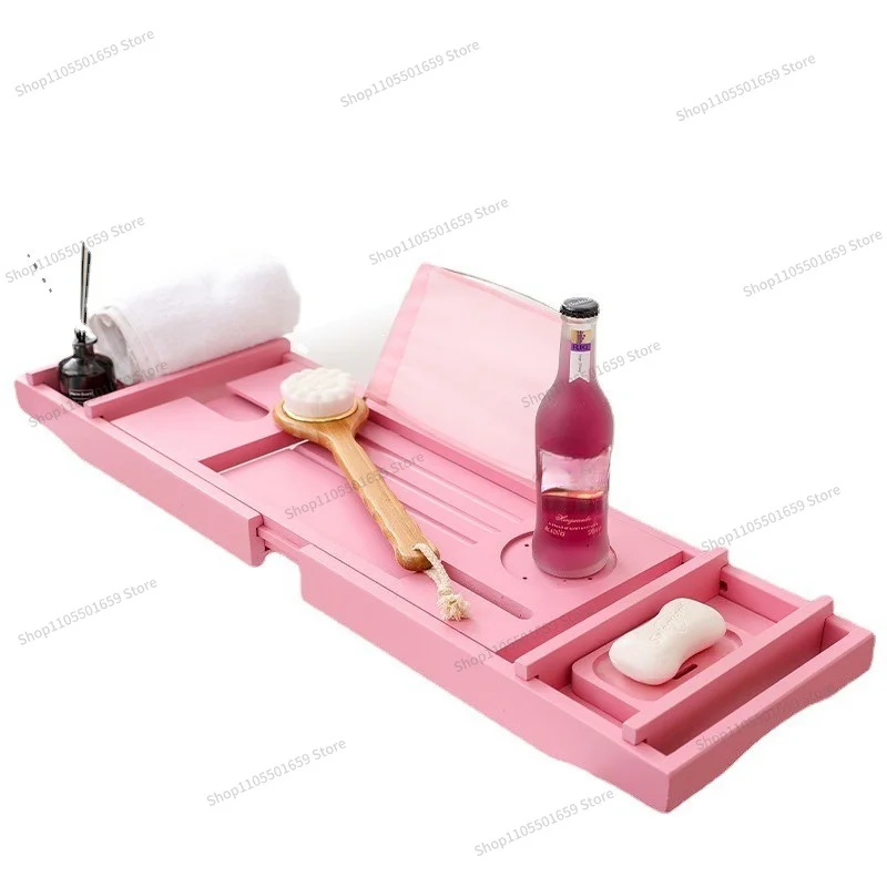 For Bamboo Retractable Bathroom Storage Rack, Cell Phone Holder, Bath Tray Light Pink
