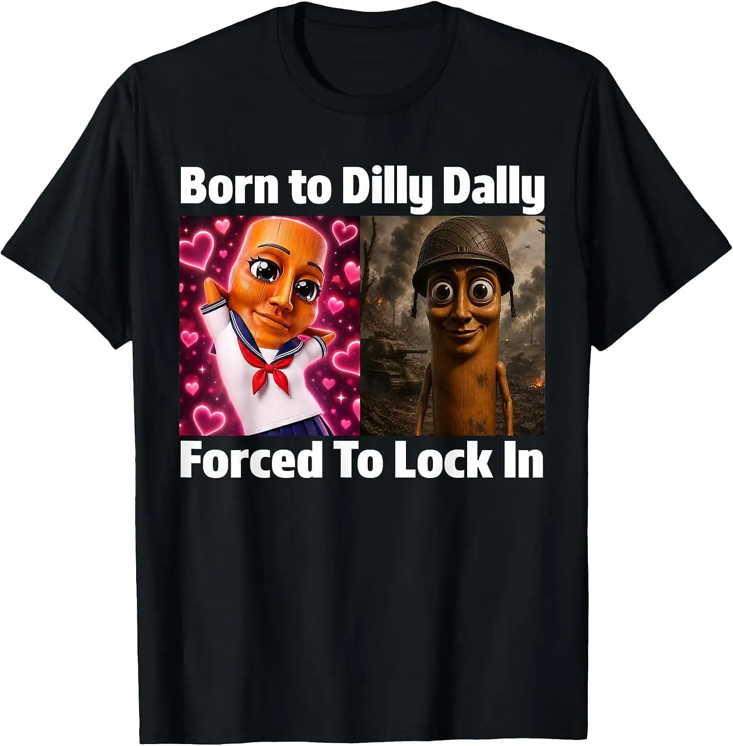 Born Dilly Dally Forced To Lock In Tung Sahur Meme T-Shirt Men Casual Graphic Print T‑Shirt Crew Neck Short Sleeve Vintage Street Style Soft Fabric Daily Wear Tops. Holiday Festive, Party Wear, Theme Print Tee.