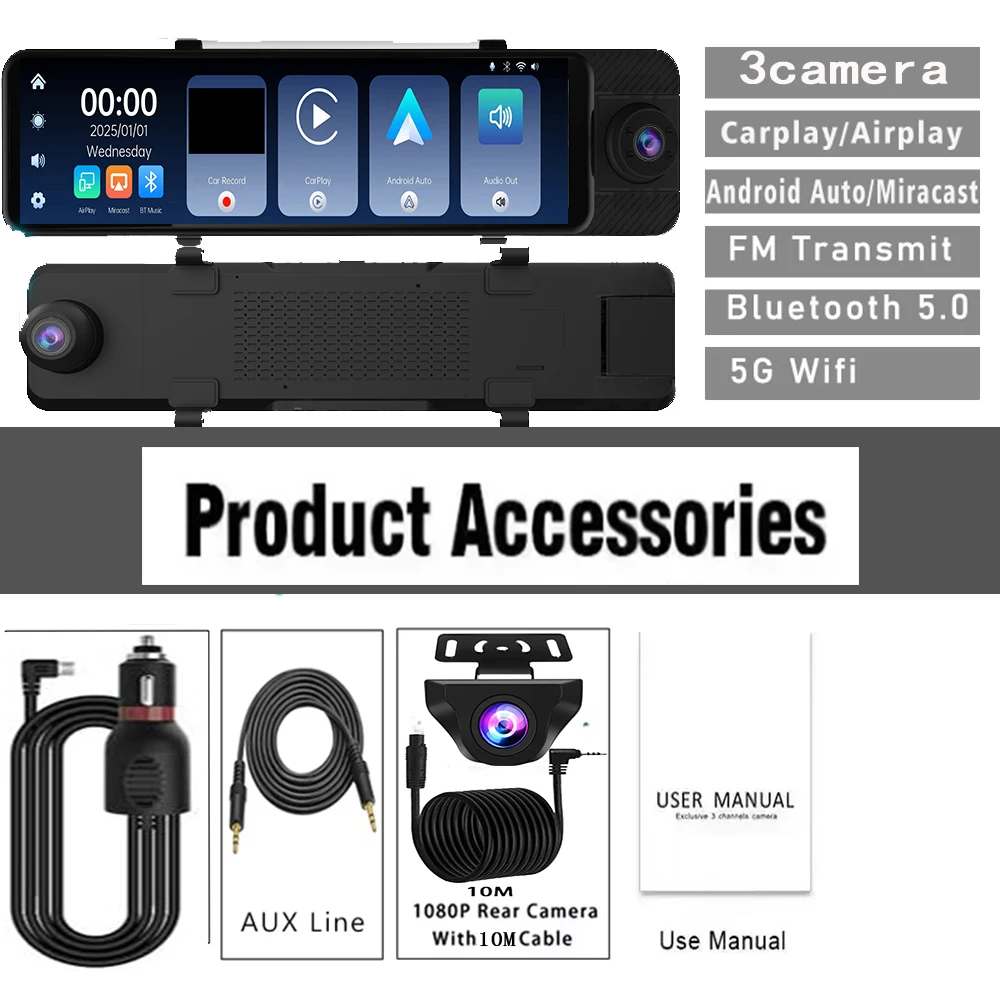 3 Camera 4K Rear View Mirror Camera, 11' Dash Cam, FHD Full Touch Screen Built-in WiFi & GPS, 24-Hour Monitoring G Sensor, WDR,