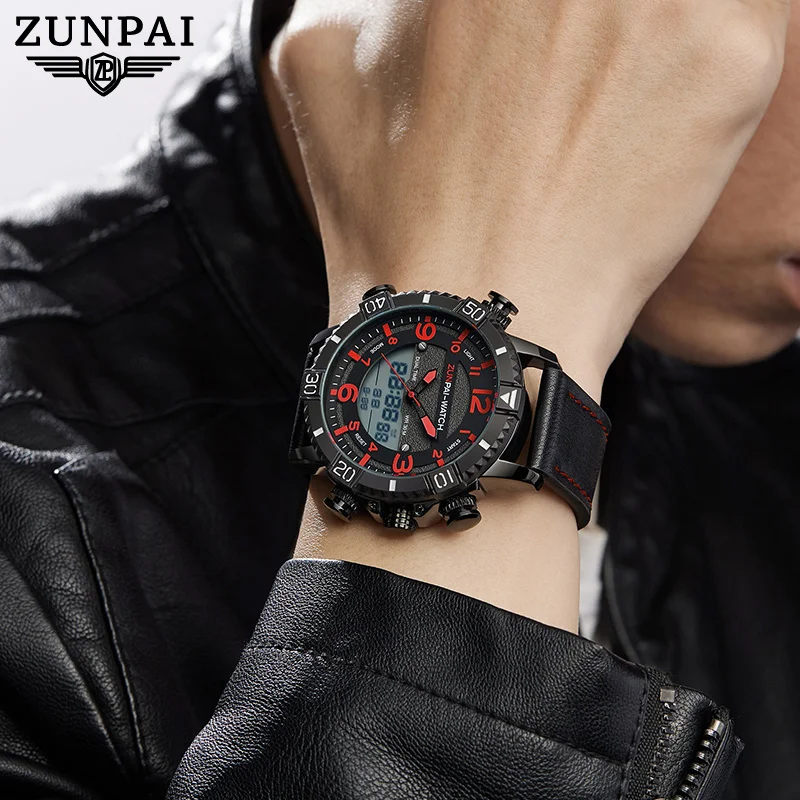 ZUNPAI Men\'s Watch Waterproof Stainless Steel Quality Leather Sports Watches Men Multifunction Chronograph Analog LED Wristwatch