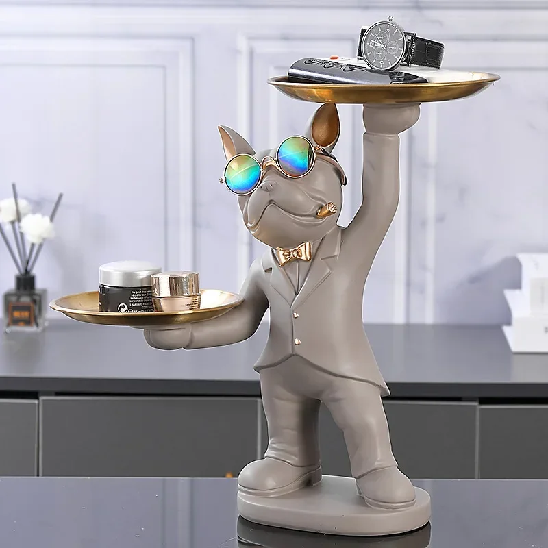 

Decor Resin Sculpture French Bulldog Butler with Tray Nordic Decor Sculpture for Live Room Statue for Decor Gay Figurine