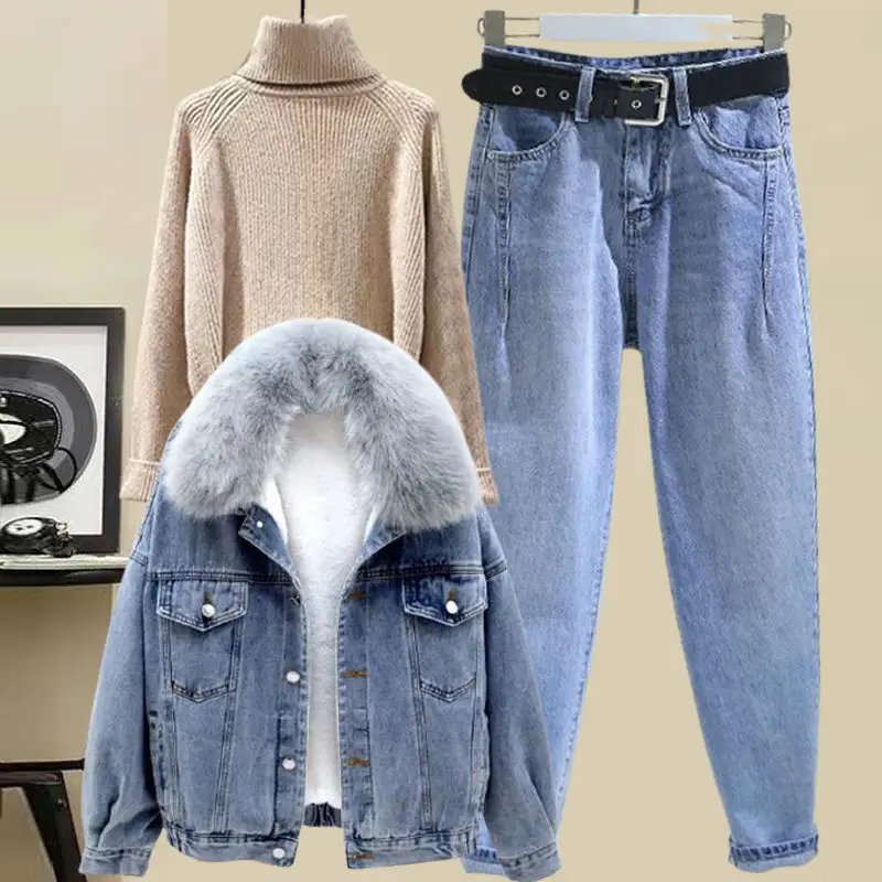 2022 Winter Tracketsuit Thicken Hoodies Denim Jacket Coat+Turtleneck Sweater And Jean Three Pieces Sets Women Street Pant 2 Suit