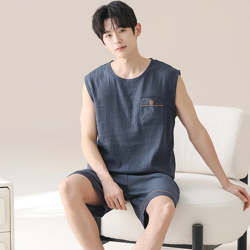 Summer L-4XL Men Pajama Set Knited Cotoon Sleepwear Vest Men's Clothing Male Sleeveless Homewear
