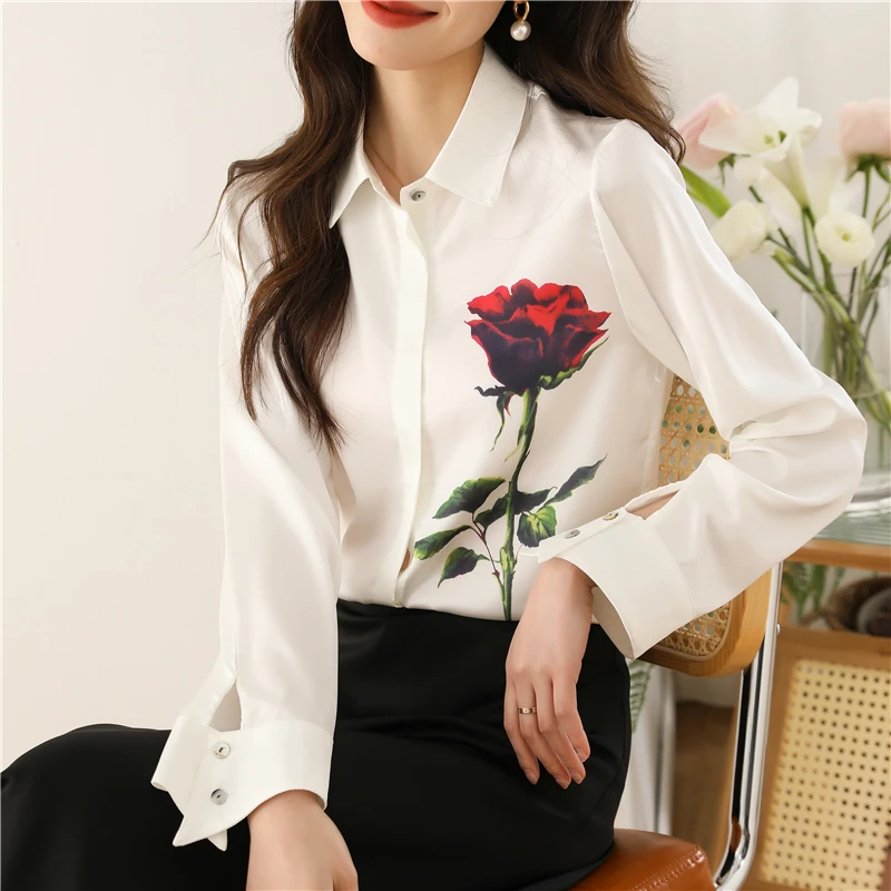 New fashion rose printing Women Elegant ladies shirts Spring Summer women's blouses Long sleeve mujer blusas female tops NZ236