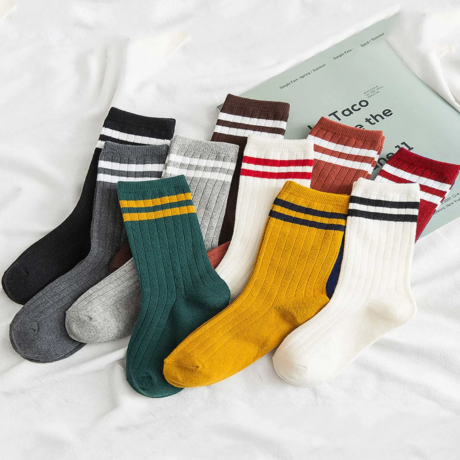 10 Pairs Women's Vertical Stripe Double  Candy-colored Mid-calf Socks, 35-43, And 10 Pairs Couples' Socks In 10 Colors