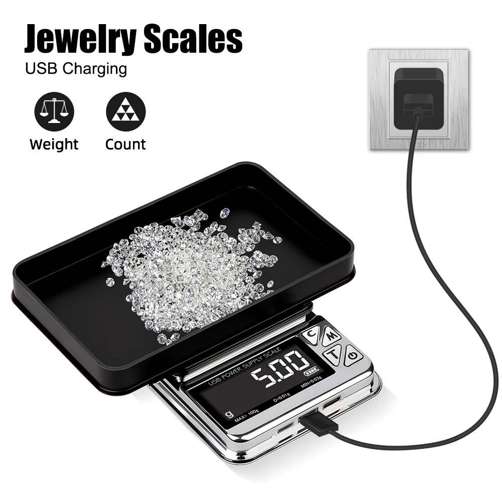 Stainless High Precision 100g/500g USB Charging Electronic Jewelry Scales Digital LCD Pocket Kitchen Scale