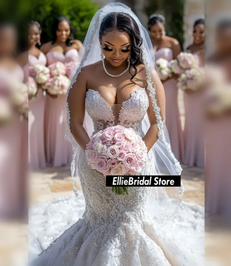 見事な恋人の結婚式のドレス高級レースビーズマーメイドブライダルドレスアフリカの女性ローブデマリーカスタマイズ