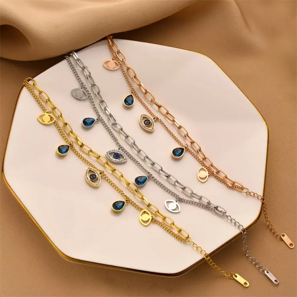 Stainless Steel Double Layer Evil Eye Charm Bracelet For Women Girl Luxury Vintage Bangle Birthday Party Wrist Jewelry Gift New