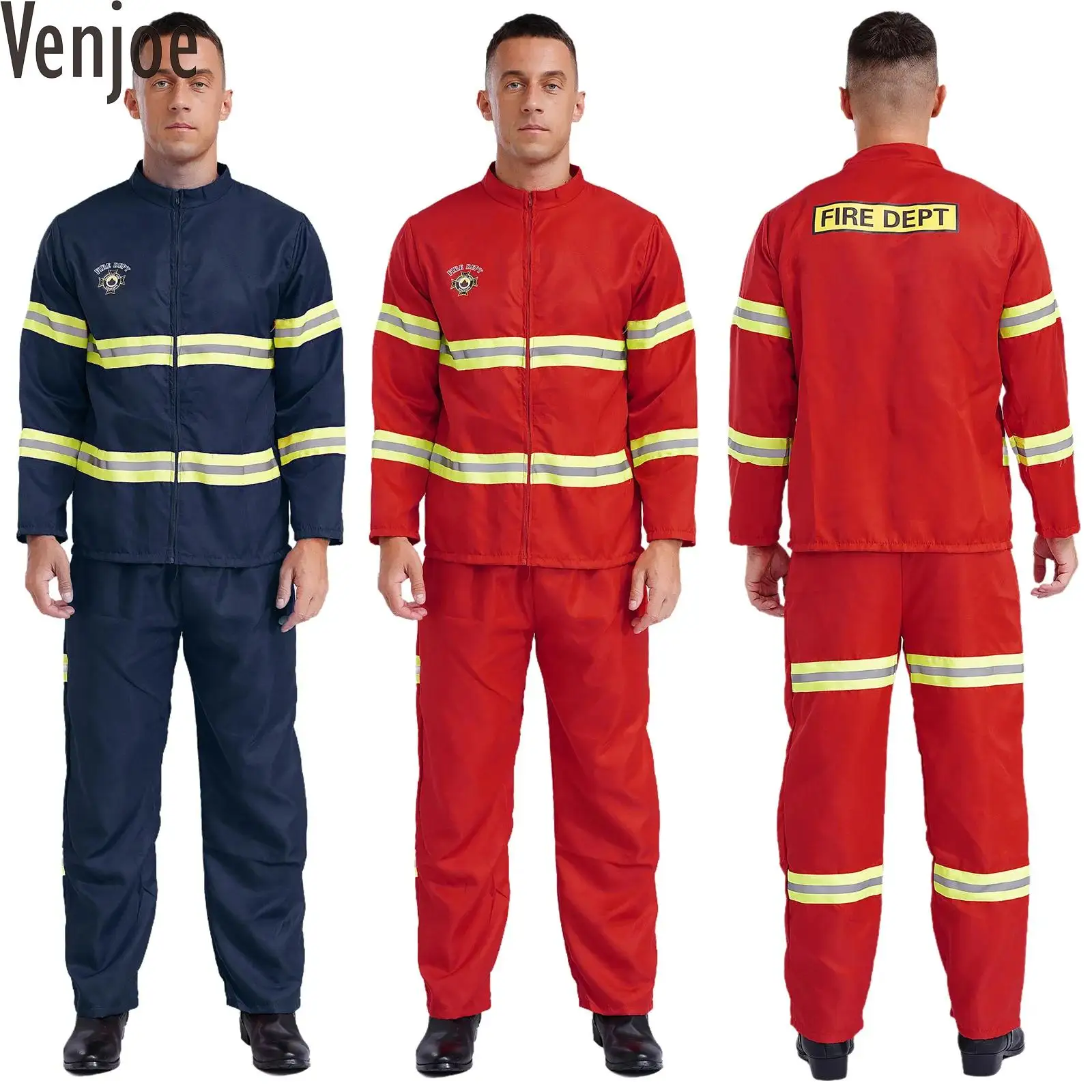 Mens Firefighter Cosplay Costume 4-piece Suit Plastic Helmet Long Sleeve Reflective Stripes Jacket Coat Pants and Belt Set