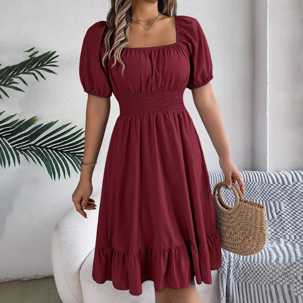 

Summer Lady Dress Solid Color Square Neck A-line High Waist Women Dress Slim Fit Puff Sleeve Pleated Ruffle Dating Dress