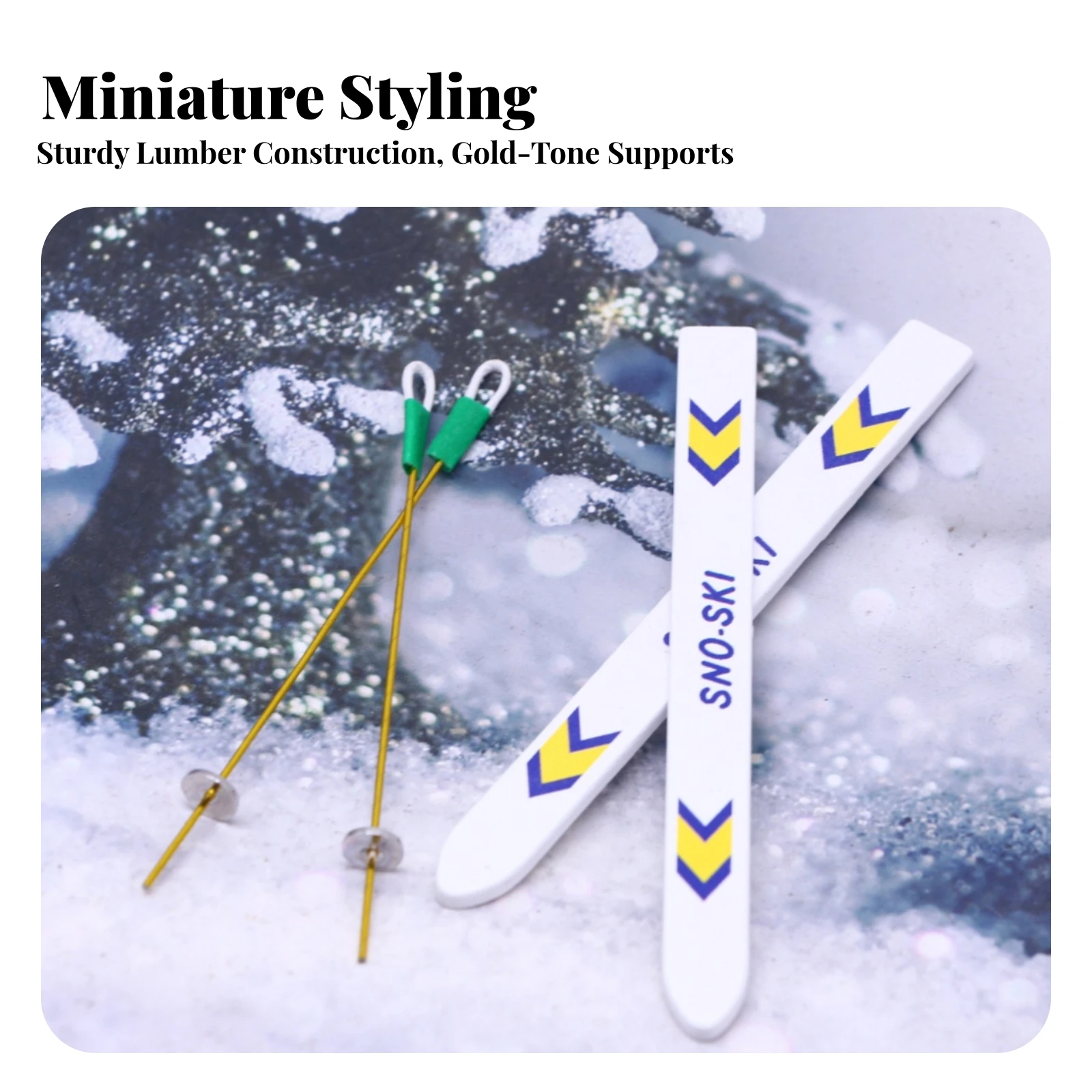 2 Pieces Miniature Wooden Ski Accessory Detailed Dollhouse Skis with Poles Tiny Decorative Skis Patterned for BJD Collectors