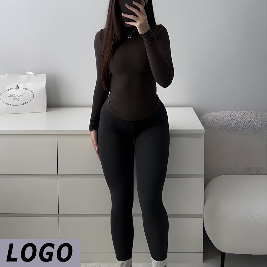 DF LOGO Women 2Pcs Seamless Yoga Suit Long Sleeve Top High Waist Tummy Control Leggings Slim Activewear Tracksuit Gym Pilates
