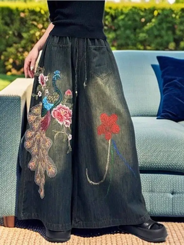 레트로 자수 허리끈 9부 청바지 여성 캐주얼 다용도 디자인 와이드 레그 팬츠 하이웨이스트 데님 원단...