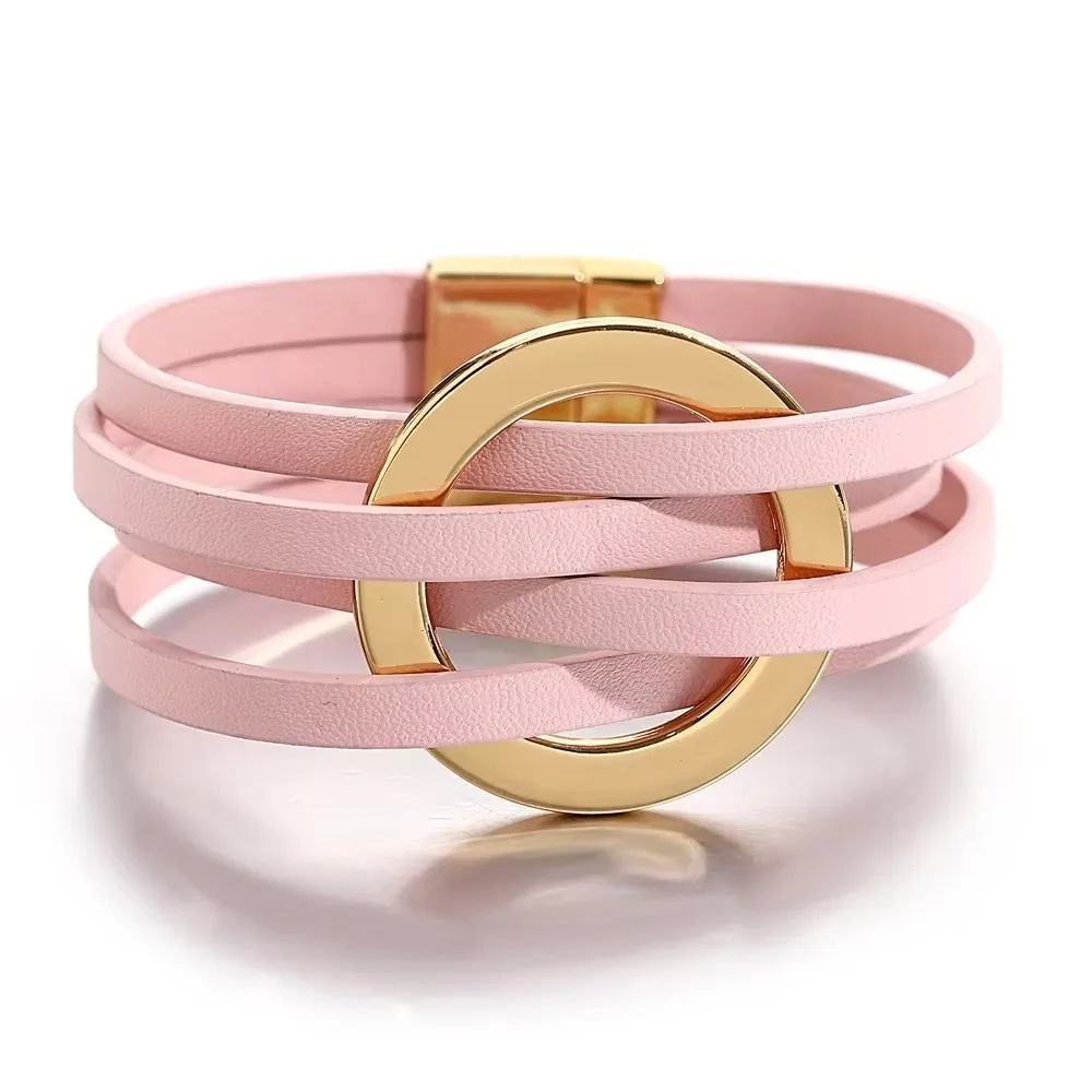 Bohemian Style Leather Bracelets Adjustable Wrap Closure Leather Surface Wide Wrap Bracelet Circle Cross Bracelet For Women
