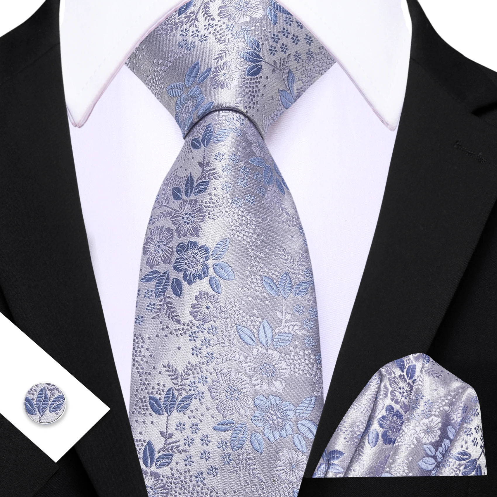Mens Tie Classic Yellow Pink Navy Floral Jacquard Fashion Ties Hanky Cufflink Set Wedding Party Event