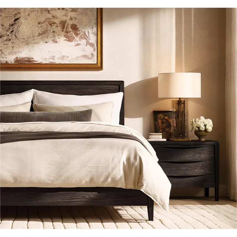 xx-RH GAEL Traditional Oak Panel Double Storage Platform Bed King Size Solid Wood Upholstered Headboard Multi-functional Bedroom