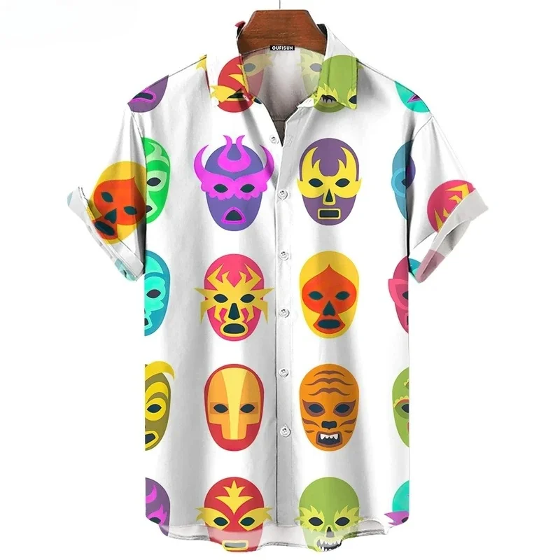 3D Mask Print Men's Shirt Summer Lucha Libre Short Sleeve Shirt Casual Hawaiian Shirt for Men Loose Clothing Mexican Wrestling