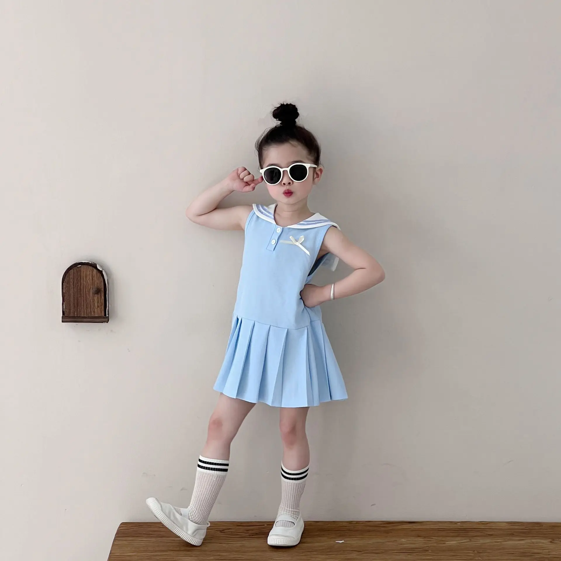 

Girl Skirt 2025 Summer New Childrens Clothing Korean Style Girl Baby Preppy Retro Doll Collar Pleated Skirt Casual Simple Daily