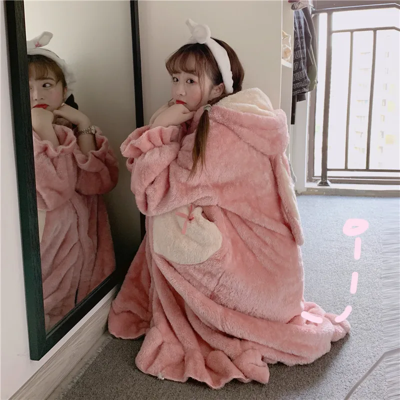Winter Fashion Warm Comfortable Midi Robe Women Sweet Girl Cute Big Rabbit  Ear Loose Bathrobe Long Sleeve Dressing Gown Female - AliExpress 200574005