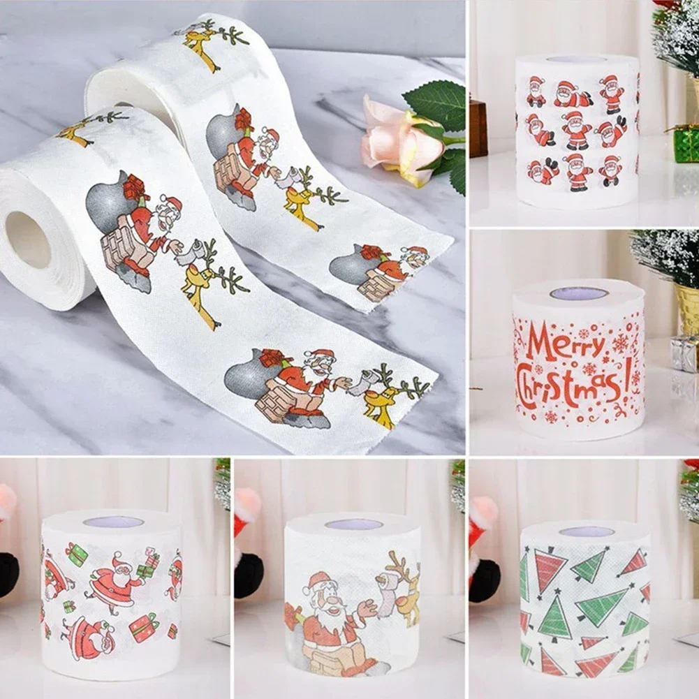 Christmas Pattern Series Roll Paper Prints Funny Toilet Paper Supply Delicate Santa Pattern Design Suitable For Home And Cafe