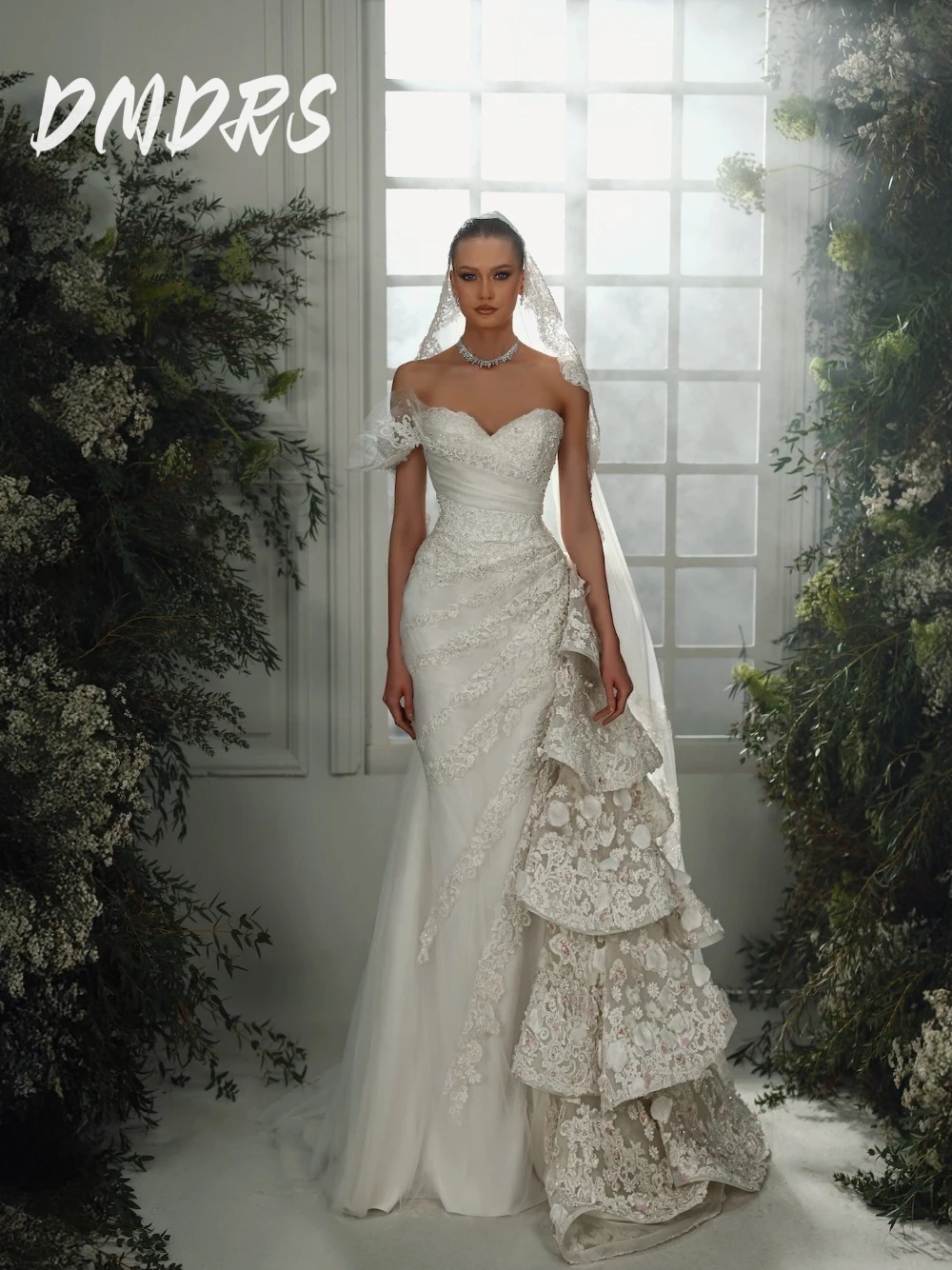 Romantic 3D Floral Lace Wedding Dress Chic Tiered Ruffle Mermaid Bridal Gown Sweetheart One Shoulder Garden Customized Wear