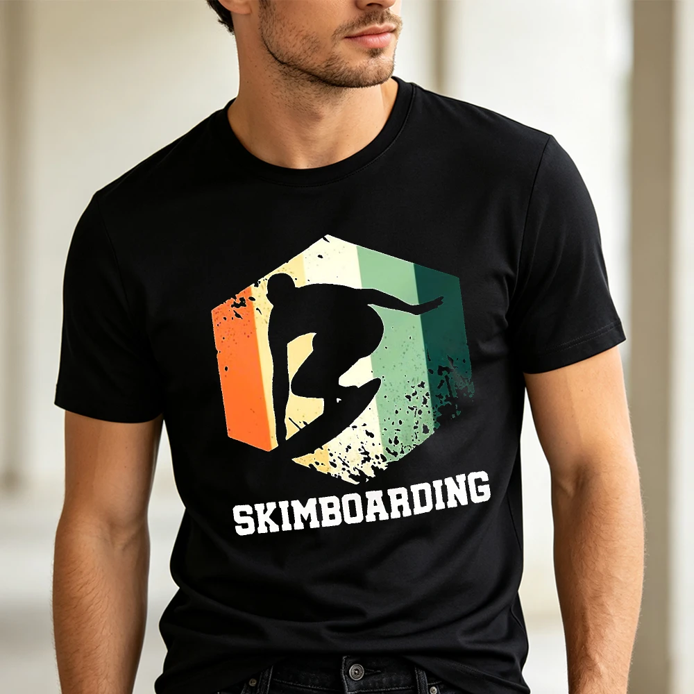 Skimboarding Retro Hexagon Graphic Black Shirt Extreme Water Men Tee Beach Sport Tops Surfing Style T-Shirt