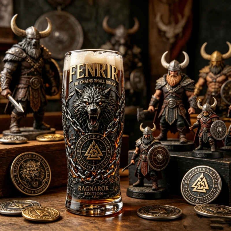 Norse Fenrir Wolf Printed Glass Mug, Viking Gothic Whiskey Cup, Bar Home Drinking Glassware Collectible Decor
