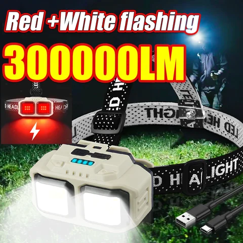 Linterna frontal ultraligera superbrillante, luz roja de 300000LM, visión nocturna, pesca, resistente al agua, recargable, para escalada
