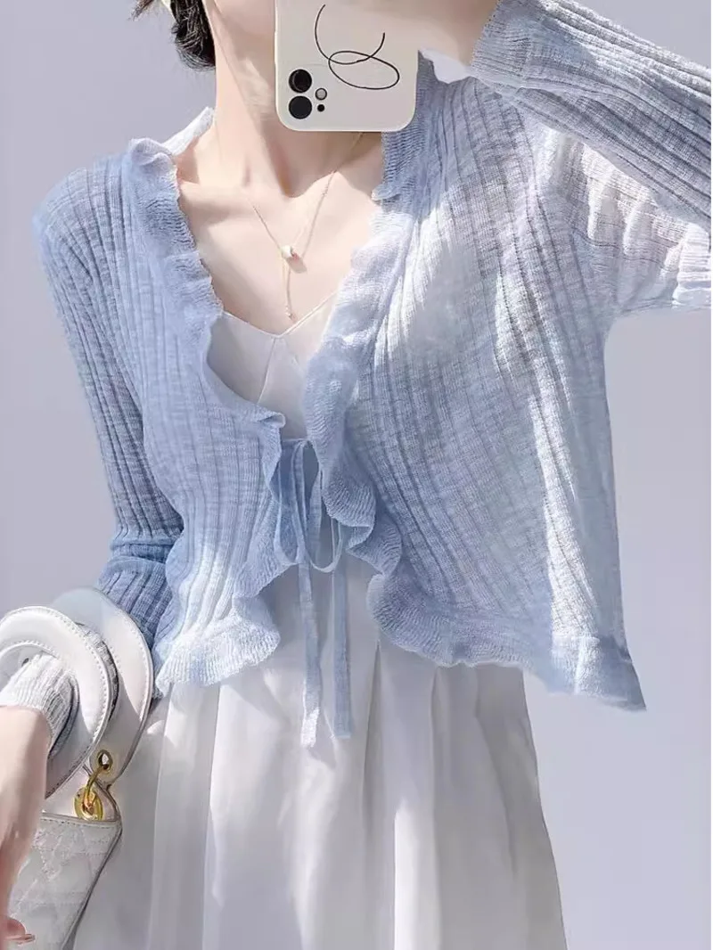 Sunscreen knitted cardigan for women thin style with an air-conditioned cover up for summer. New style shawl cool little Q5BW