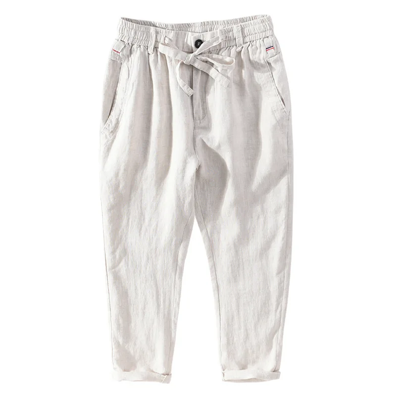 

New Men's Youth Linen Breathable Cropped Pants for Spring and Summer, Casual Drawstring Elastic Waistband Pants for Men