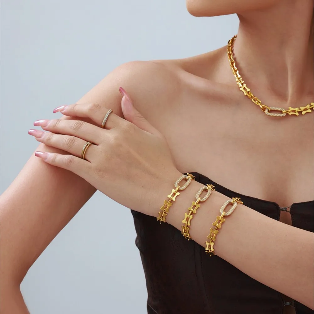 Rock Hip-hop Style Thick Chain Necklace Bracelet In Stainless Steel 18k Gold Plated Pendant Necklaces Bracelets Set For Women