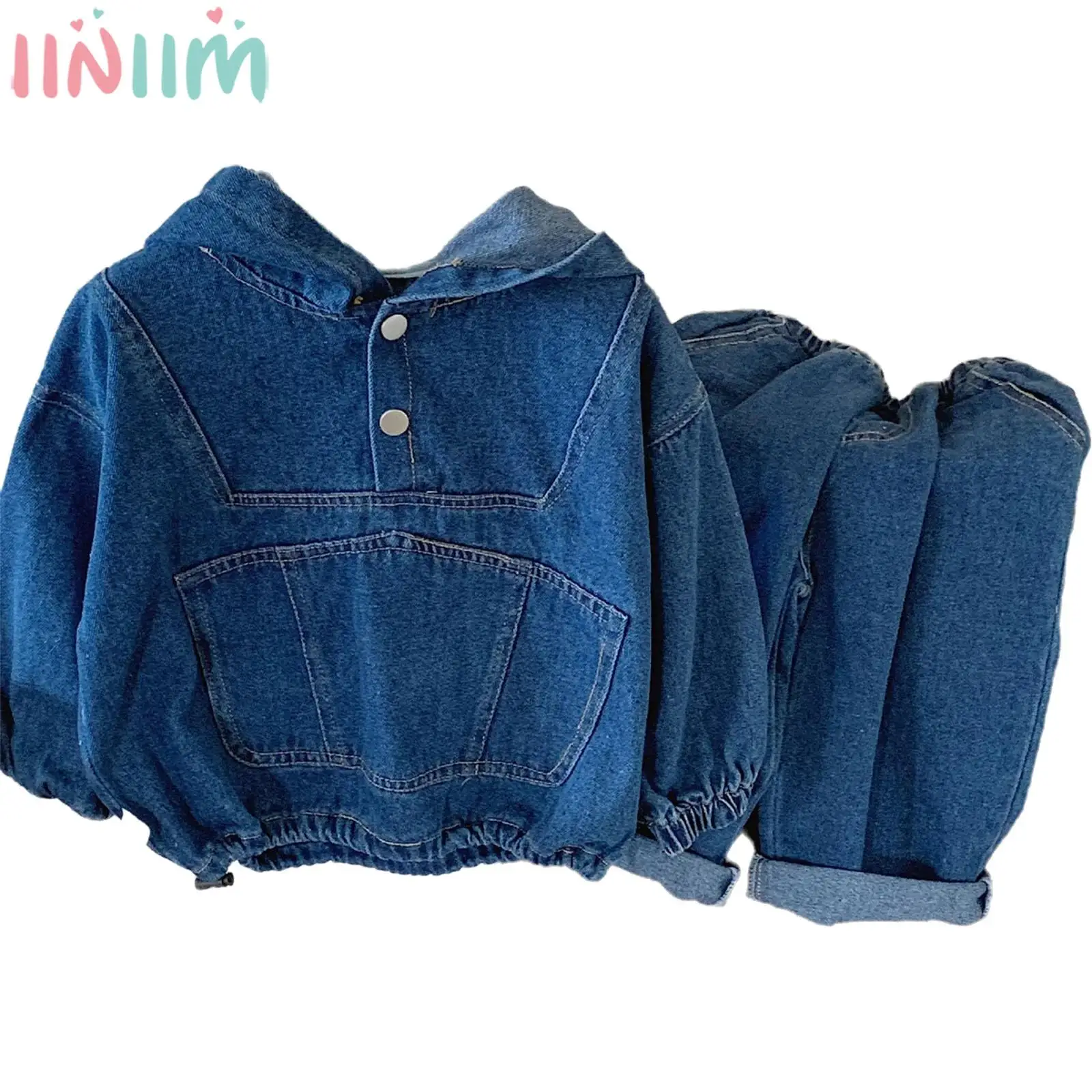 

Модный повседневный комплект джинсовой одежды для маленьких мальчиков и девочек, пальто с капюшоном и топами, джинсы с эластичным поясом, уличная одежда