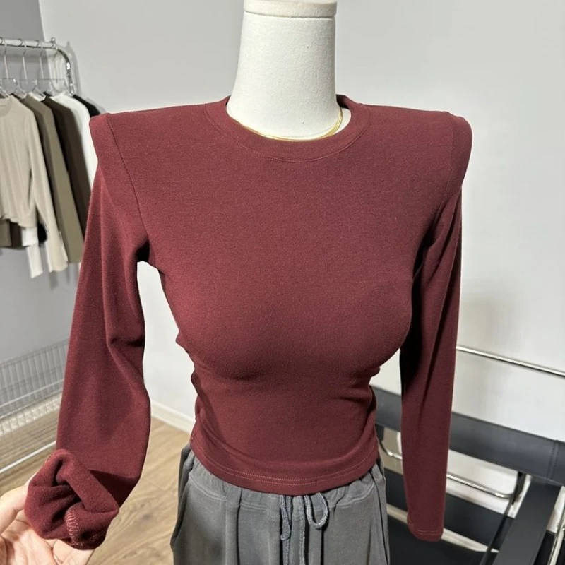 Wholesale Autumn Winter Small O Neck T Shirts for Women Long Sleeve Tees Sexy Top Female Solid Tight Fleece Lined Tops