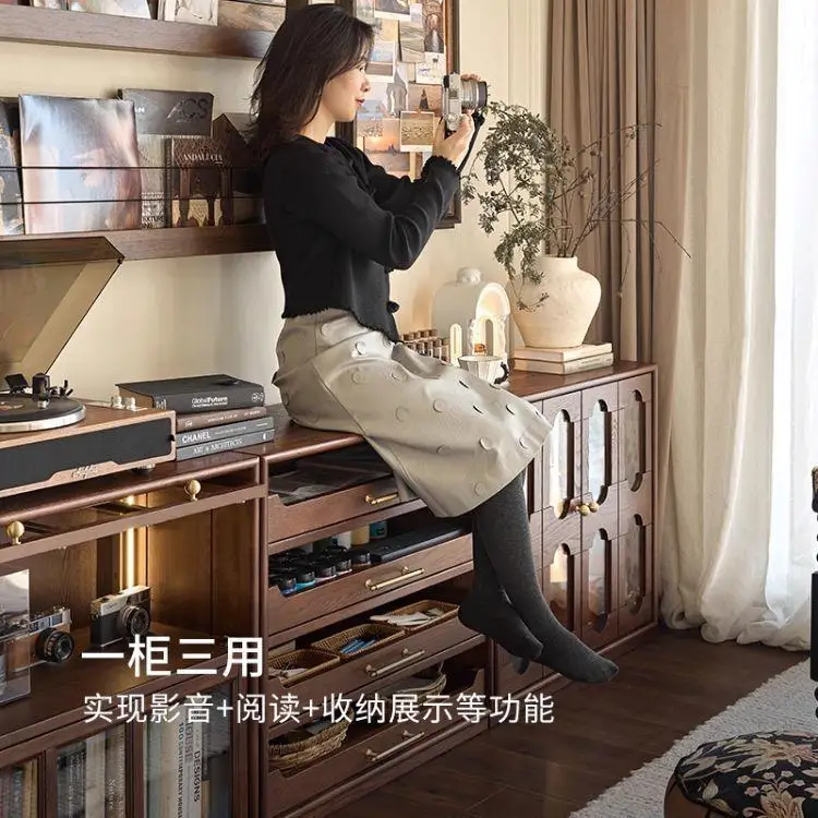 French second-hand solid wood modular combination bookcase, low bookshelf, floor-to-ceiling TV cabinet, storage display cabinet