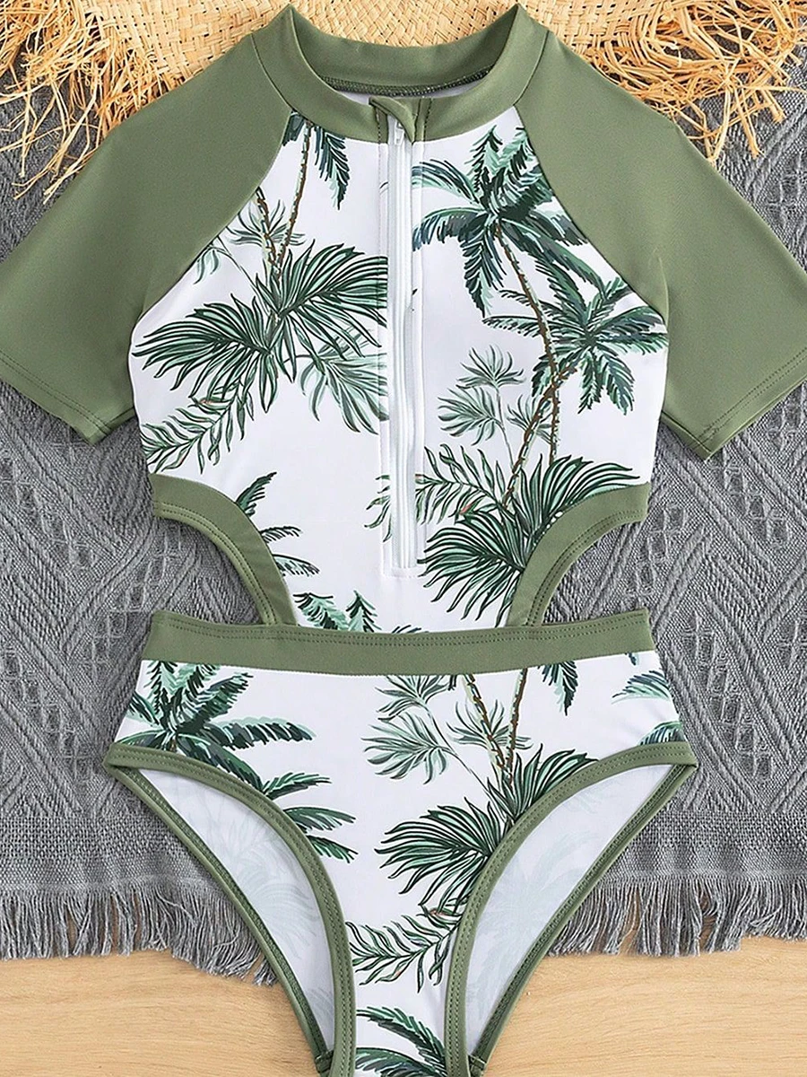 2026 Print Hollow Girls Swimsuit One Piece Green Kids Swimwear Female Children\'s Bathers Bathing Swimming Swim Suit Beachwear
