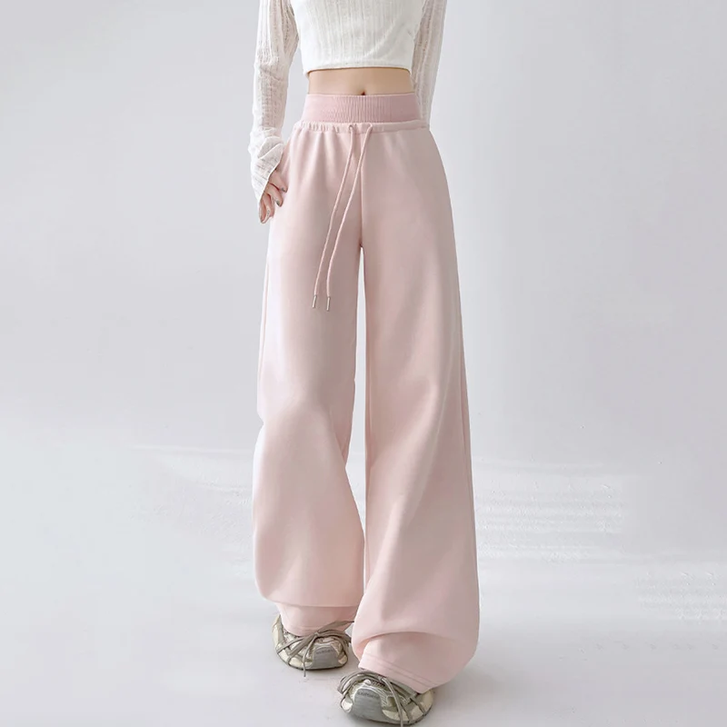 

2025 Fashion Pink Wide Leg Sport Pants Women Korean Elastic Waist Lace Up Sweatpants Woman Solid Color Pocket Casual Trouser