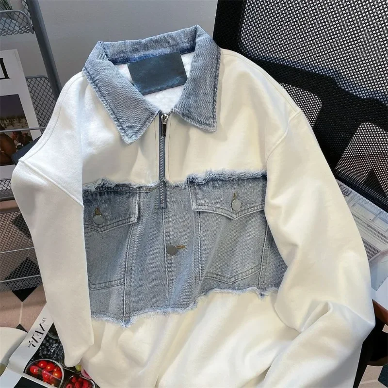 High Street Denim Shirt Unisex Hip Hop Long Sleeved Sweatshirt Spring Autumn Loose Retro Lapel Half Zipper Top Denim Tops