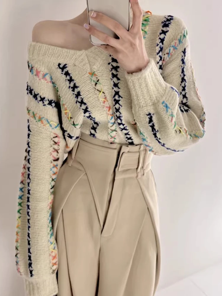 

Chic Vintage V-Ne Knitted Sweater Women's Loose Fit Color Rope Weaving Design Heavyweight Autumn Faion Casual Long Sve
