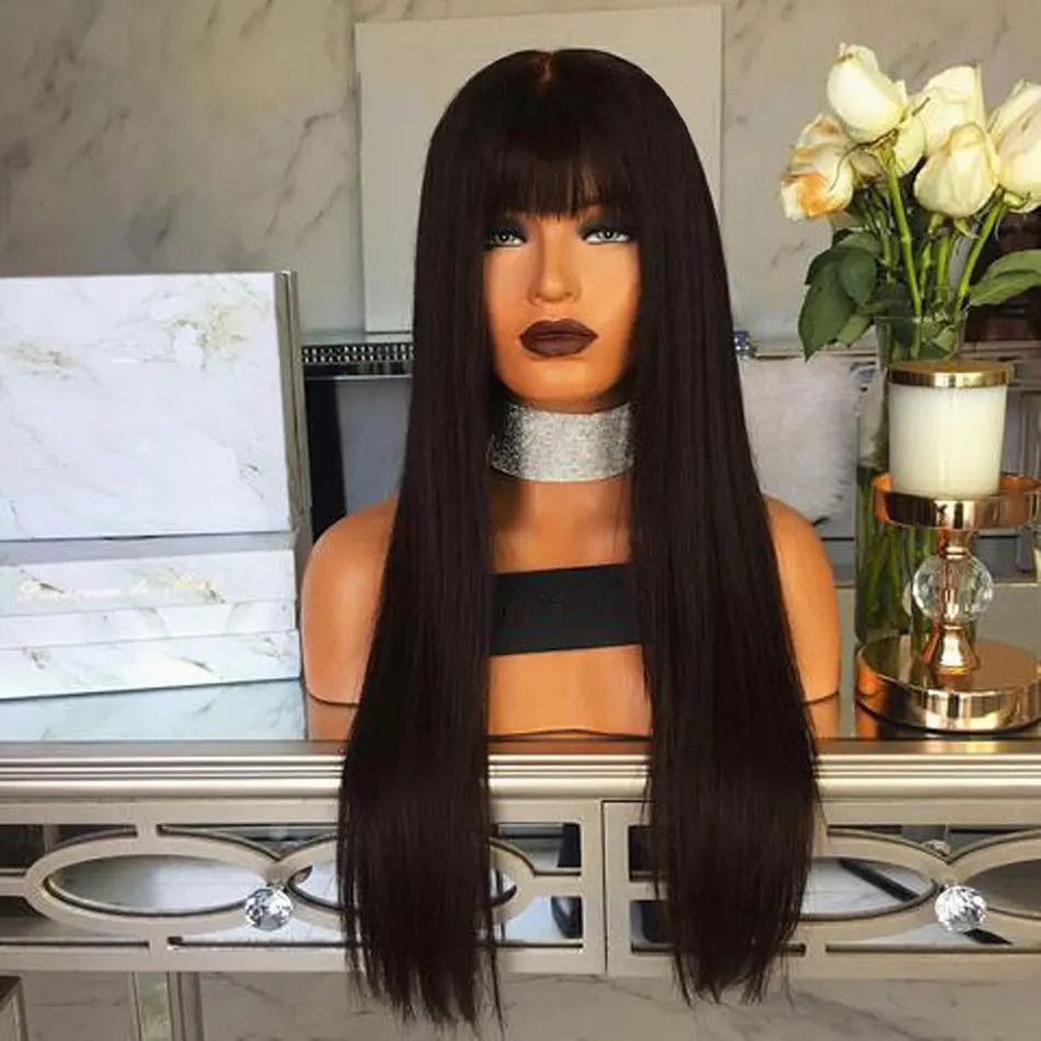 SuQ Women\'s   Long Straight Wig Hair With Bangs Synthetic Natural Black Cosplay Party Long Heat Resistant Daily Wigs For Women