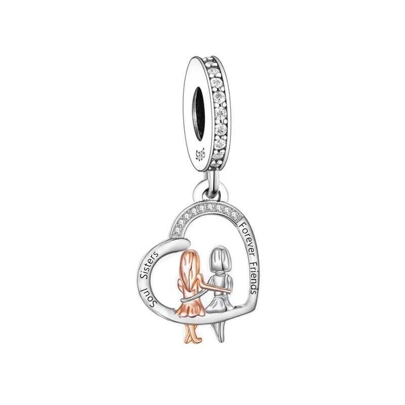 Huoonew Fit Original Pan Charm Armband, authentisches 925er Sterlingsilber, Perle „Zwei Schwestern umarmen sich, lieben sich“, für die Herstellung von Berloque – Detail 2