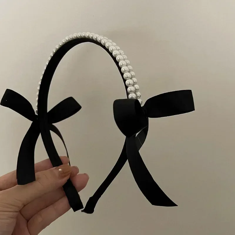

Vintage French Pearls Bow Hair Band for Women Girls Autumn Winter Korean Elegant Black Classic Hair hoop Hair Jewelry 헤어