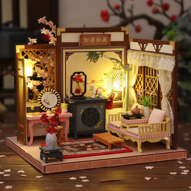 DIY Wooden Doll Houses Kit Miniature Casa With Furniture Cherry Blossom Dollhouse Model Villa Toys for Adults Birthday Gifts