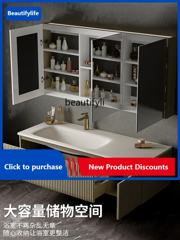 C85 Waterproof Solid Wood Bathroom Cabinet Ceramic Whole Washbin French Bathroom Table Skin Feeling New