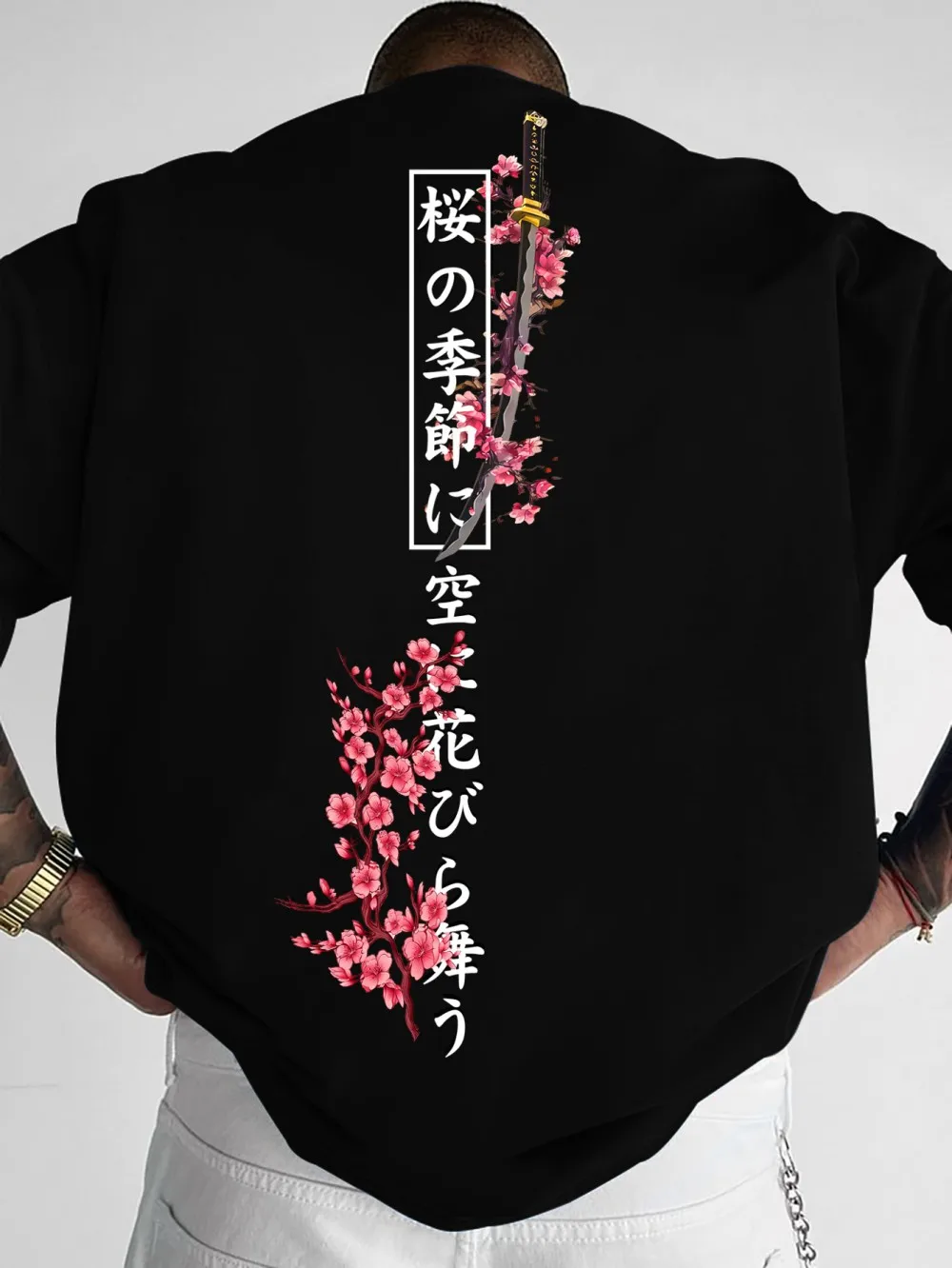 New men's summer personalized letter samurai sword print micro elastic breathable round neck T-shirt outdoor casual top