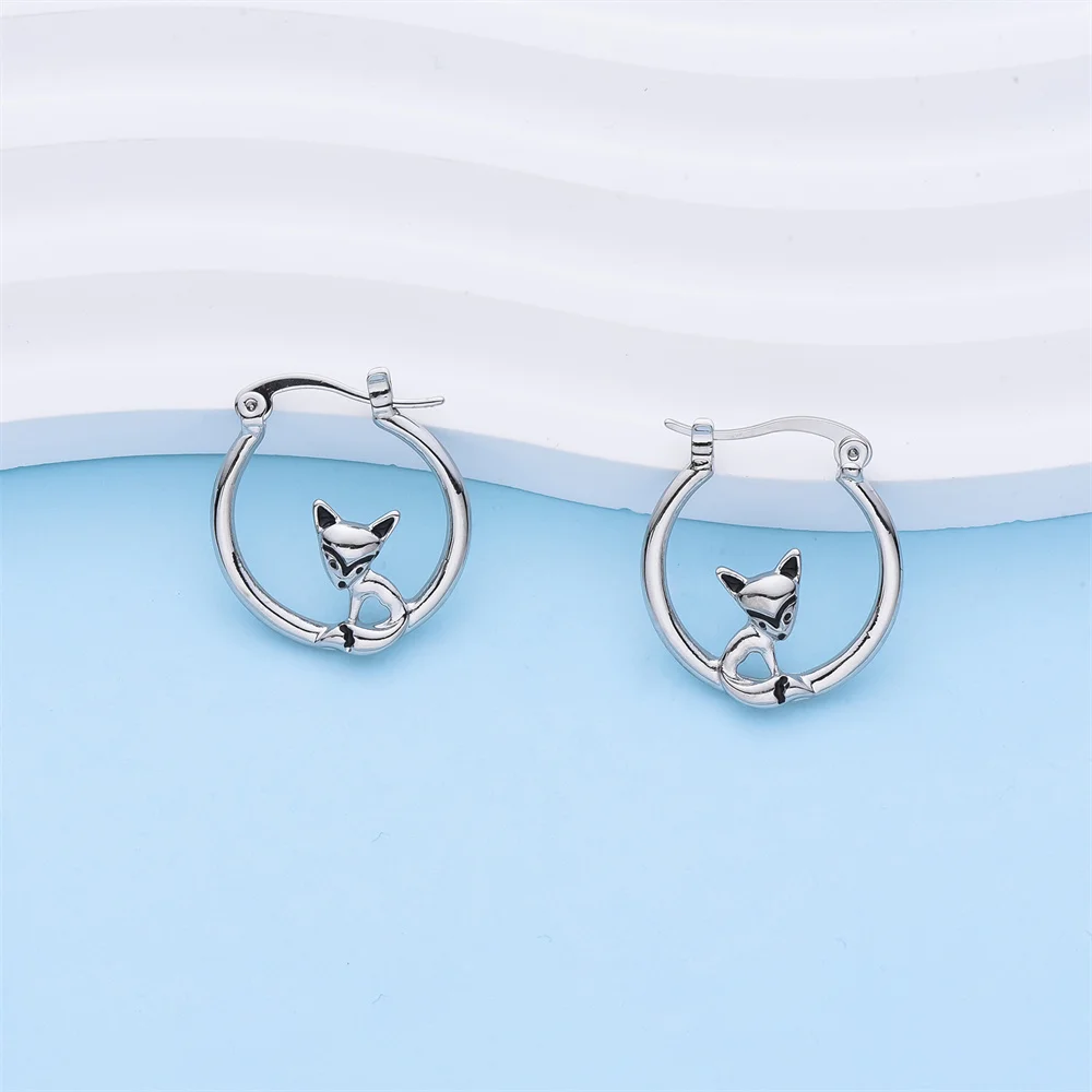 Hanreshe Design New Fox Hoop Earring Trendy Lovely Silver Plated Metal Earrings for Animal Lover Jewelry Birthday Gift