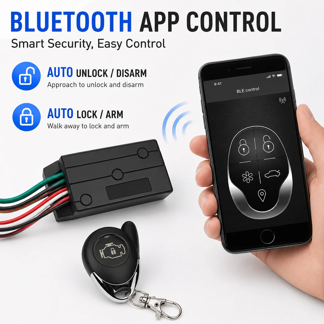 Universal 12V Vehicle Security Alarm System Bluetooth APP Control Engine Immobilizer Low Voltage Warning Kit