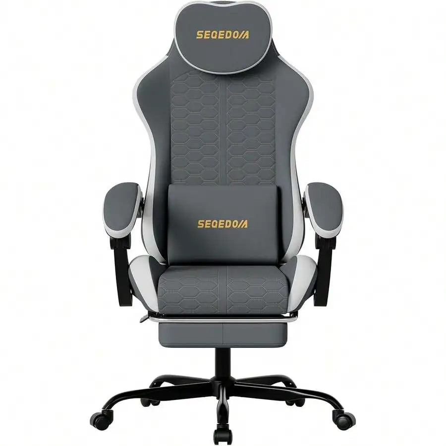 Honeycomb Embossed Gaming Chair With Footrest & Massage Lumbar Support, Adjustable Ergonomic Office Chair For Adults, 300 Lbs,Gr