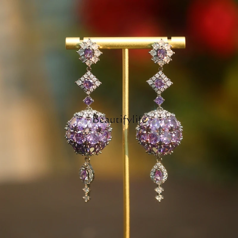 Chinese Style Three-Dimensional Lantern Ball Long Heavy Micro Inlaid Zirconium Earrings